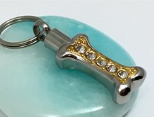 Keyring Urn .5" Key Chain Dog Cremation Pendant Ash Crystals Bone Silver Golden