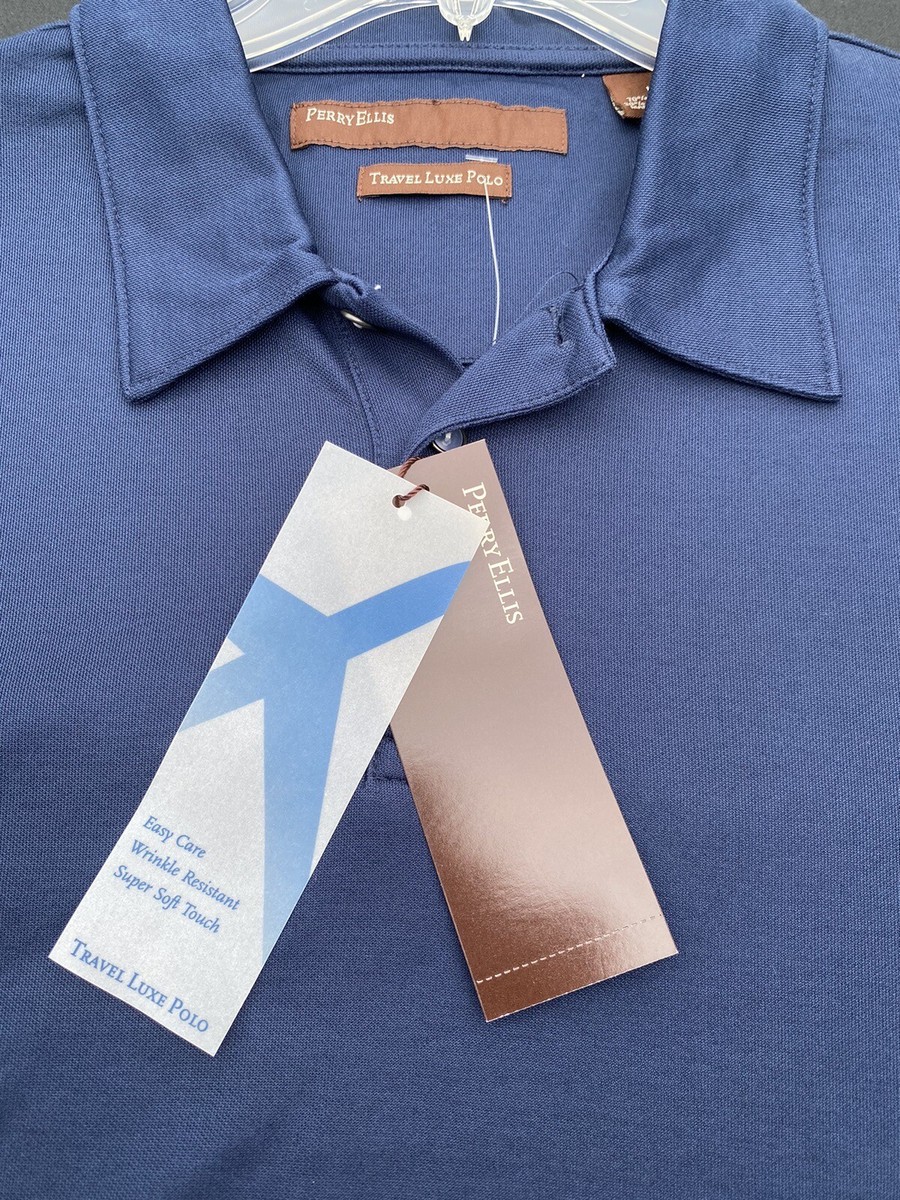 Perry Ellis Travel Luxe Polo Mens Size L Blue Cotton Polyester NEW