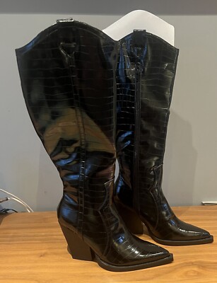 Black Croc ASOS Design Wide Fit Heeled Western Cowboy Boots Size