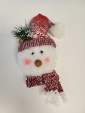 Hand Made Christmas Ornament 9" Snowman Head With Red / White Hat and Scarf