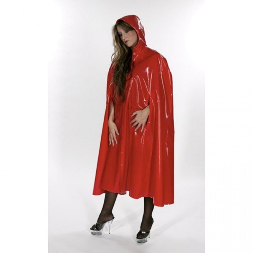 Women's Wind Breaker PVC Vinyl Rain Cape Hood Red And Black - Picture 7 of 13