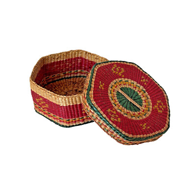 Small Sweetgrass Basket with Lid Boho Retro Storage Woven Red Green 4.5'' Hexagon