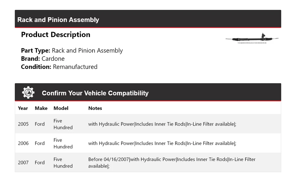Para Ford Five Hundred 2005-2007 montaje de piñón y cremallera Cardone 2006 Foto 2 de 4