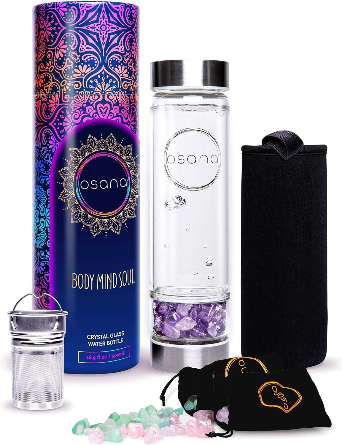 Crystal Water Bottle with 3 Changeable Healing Crystals – Amethyst, Rose Quartz,