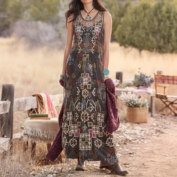 JOHNNY WAS SZ M GILDA EMBROIDERED MESH MAXI SLIP DRESS 2 pc