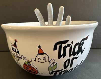 Vintage Halloween Candy Bowl Trick Or Treat Hand Reaching Out Ceramic Clay EUC