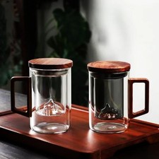 500ml Glass Cup Wooden Handle Heat Resistant Mug Tea Coffee Drinking Glasses