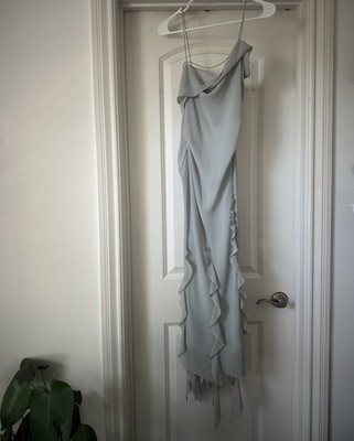 Acne Studios Blue Silk Satin Slip Dress Cowl Neck Asymmetric Ruffle Hem 36