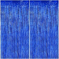 Blue Foil Fringe Tinsel Backdrop Streamer Party Curtains 3.3x6.6 Ft 2 PCS