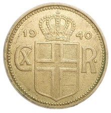 1940 Iceland 2 Kronur Old Coin HCN GJ KM 4.2 Icelandic King Christian X 