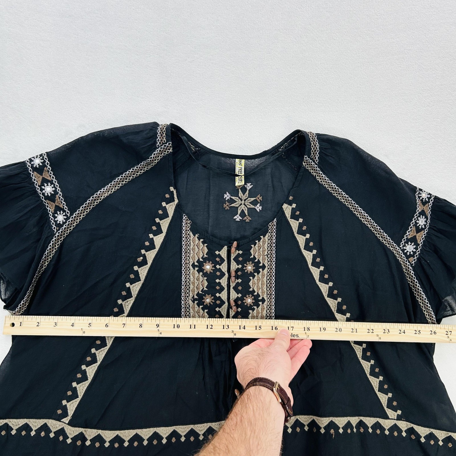 Free People Blouse Womens XS Black Embroidered Boho Peasant Top Sheer Flowy