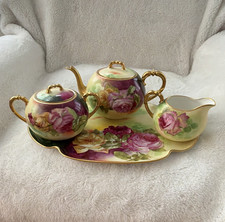 Limoges Coronet France Hand Painted Floral Porcelain Tea Set 4pc w/ Tray