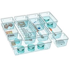 12 Pack Clear Drawer Organizer Set, Sea Blue, Acrylic Storage Trays, Makeup