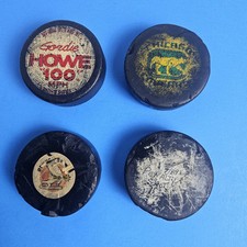 Lot of 4 Vtg NHL Hockey Pucks  Gordie Howe, Denver Spurs, Chicago Cougars Used