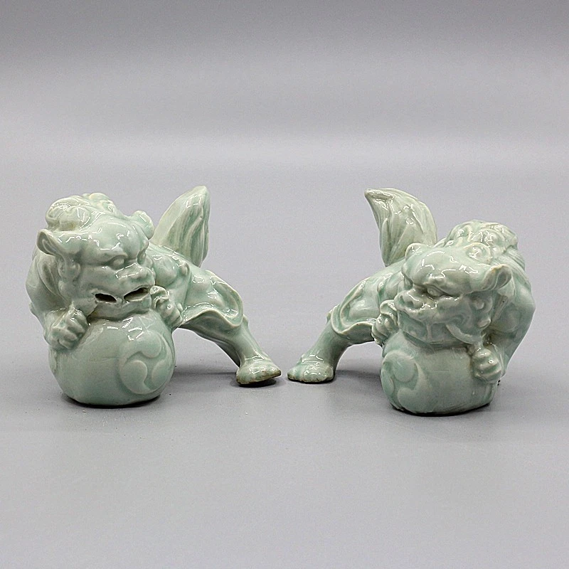 Estatuilla de porcelana de horno hutiano canción china Celadon Foo Fu perro león estatua 3,54" Foto 2 de 4