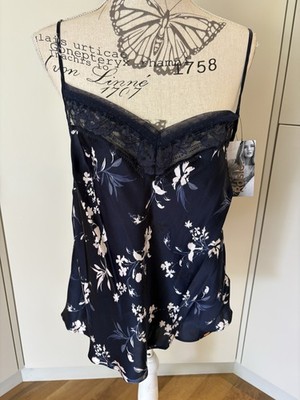 Marks & Spencers Unterhemd Seidenmischung marineblau geblümt mit Spitzenborte neu mit Etikett