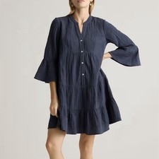 Quince 100% Organic Cotton Gauze Long Sleeve Tiered Mini Dress Indigo M