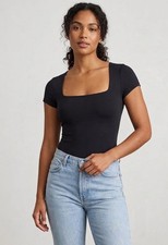 New Bebe Square Neck Bodysuit Thong Short Sleeves Black Size S