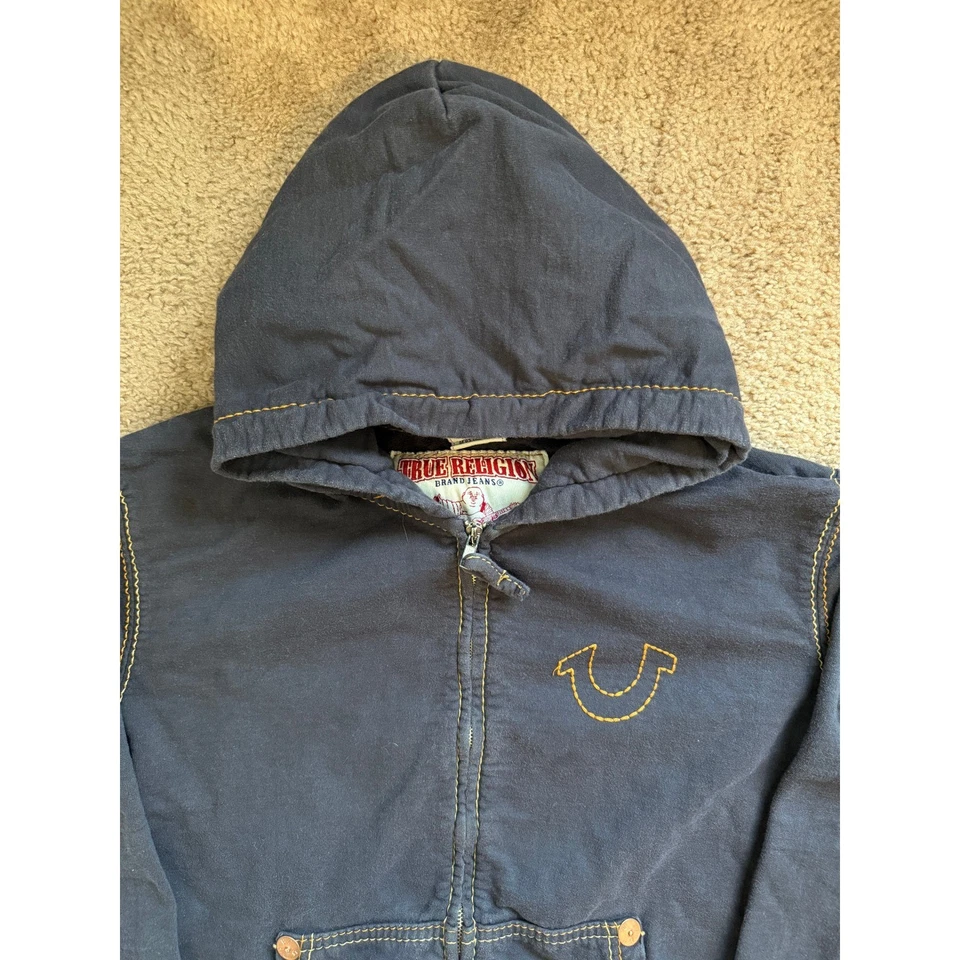 Moletom com capuz True Religion masculino 2XL azul marinho com zíper grande costura T manga longa - Imagem 4 de 4