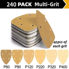 240PCS 5.5"x3.5" Gold Mouse Sandpaper Detail Sanding Pads Hook & Loop 60-400Grit