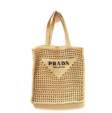 Prada Crochet Raffia Tote Shoulder Bag Purse Womens Tan Natural Black Logo MINT
