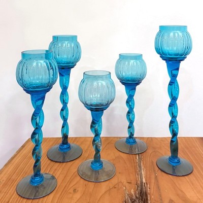 Vintage 60's TWISTED EMPOLI CANDLE HOLDERS Handmade Italian Blue Glassware MCM