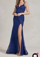 Navy Beaded-Lace Long Prom Dress with a corset