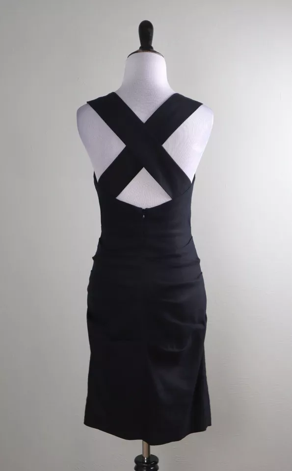 NICOLE MILLER COLLECTION $295 Solid Black Pin Tuck Linen Twist Back Dress Size 2 - Image 4 of 4