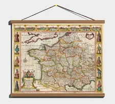 Vintage Antique Early 1626 Decorative Map of France; Cotton Canvas Wooden Hanger