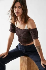 Free People Fp One Cheri Top Smocked Cropped Brown Off The Shoulder Blouse M