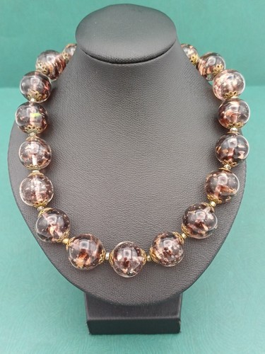 Vintage Copper/Brown Sommerso Murano Foil Art Glass Beaded Necklace - Picture 5 of 17