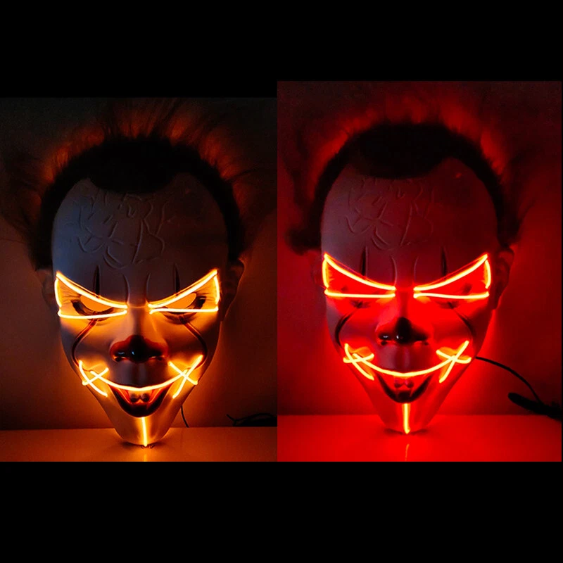 Máscara facial de palhaço assustador com iluminação LED máscara cosplay fantasia festa adereço - Imagem 3 de 4