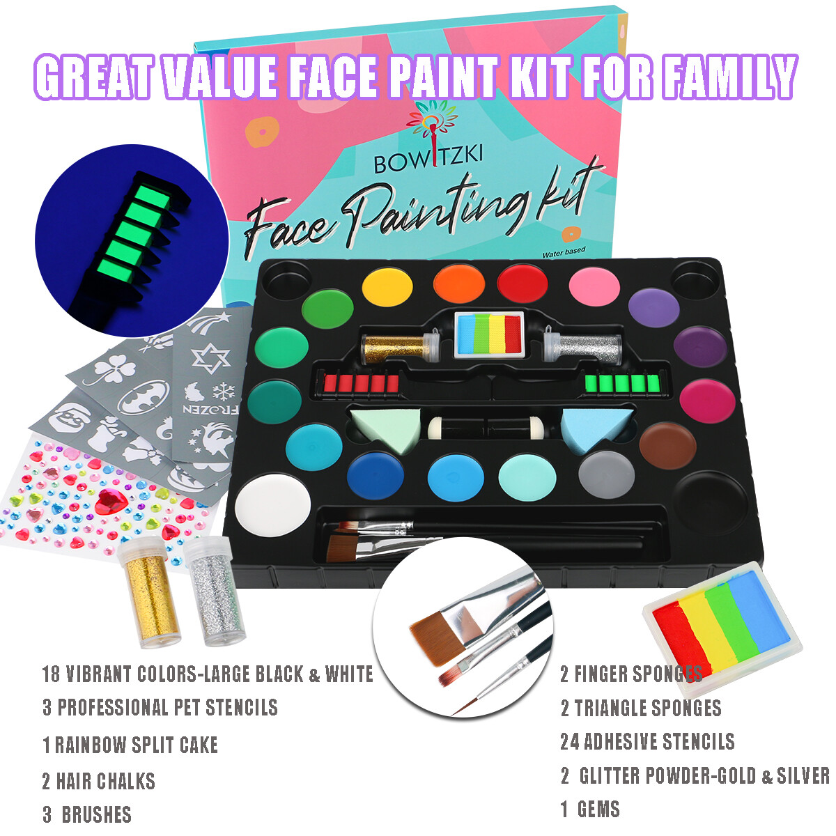 Bowitzki Face Paint Full Kit Split Cakes Palette Water Based Practice Boards Set image 5