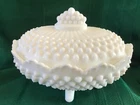 Vintage 1970s stamped Fenton white milk glass hobnail footed candy dish with lid