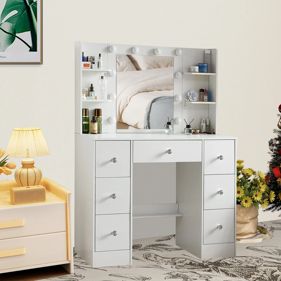 Juego de tocador de maquillaje blanco 10 espejos iluminados LED 7 cajones tocador NUEVO Foto 3 de 4