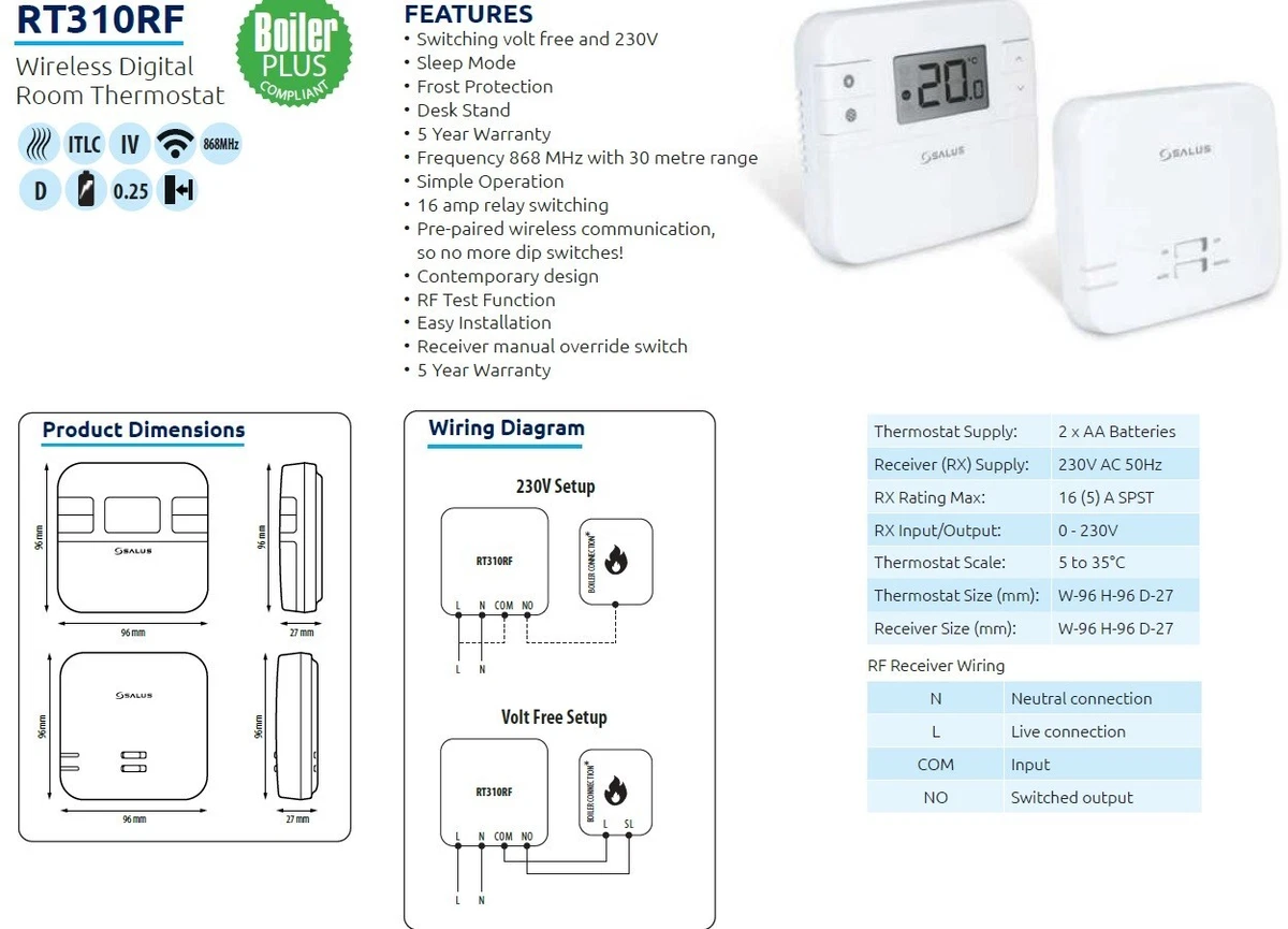 Salus RT310RF Wireless Room Thermostat Digital RF Stat Replaces RT300RF  5060103693566 | eBay