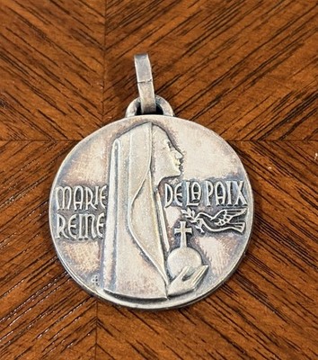 Antique French Medal Marie Reine De La Paix. Vintage Catholic Medal Silver