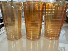 Vtg Jeanette Carnival Glass Marigold Block Optic Set Of 3