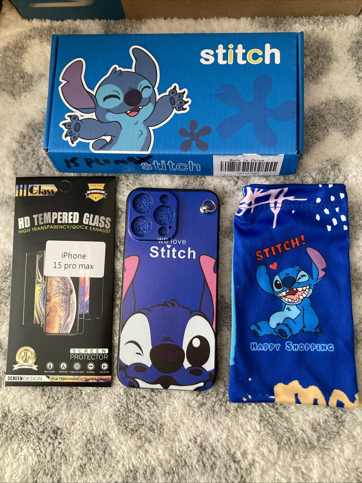 Cute Stitch Soft Silicone iPhone 15ProMax  With HD Screen Protector Storage Bag