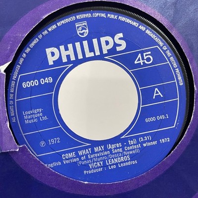 Vicky Leandros Come What May 1972 Eurovision Winner 7'' Vinyl Single Philips