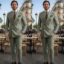 Double Breasted Men's Suits Green Formal Tuxedos Jacket Business Peak Lapel Coat