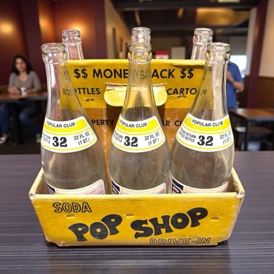 Vintage 32oz Popular Club Soda Shop 6 Bottles w/ Carrier Grape