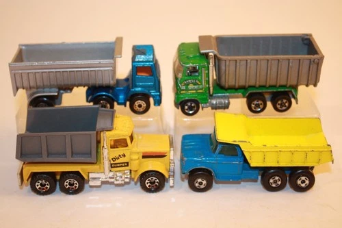 4 Vintage 1970s Matchbox / Hot Wheels Dump Trucks DODGE / PETERBILT / SUNSET