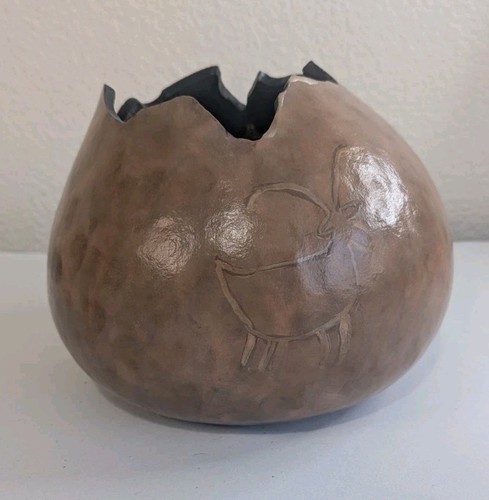 Light Brown Gourd Vessel Jagged Top Black Interior Southwestern Tribal Designs