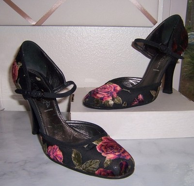 CASADEI BLACK LEATHER AND FABRIC HEELS PUMPS SHOES PINK ROSES SIZE 9 ITALY NICE!