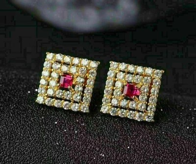 3 Ct Round Simulated Ruby & Diamond Elegant Stud Earring 14k Yellow Gold Plated