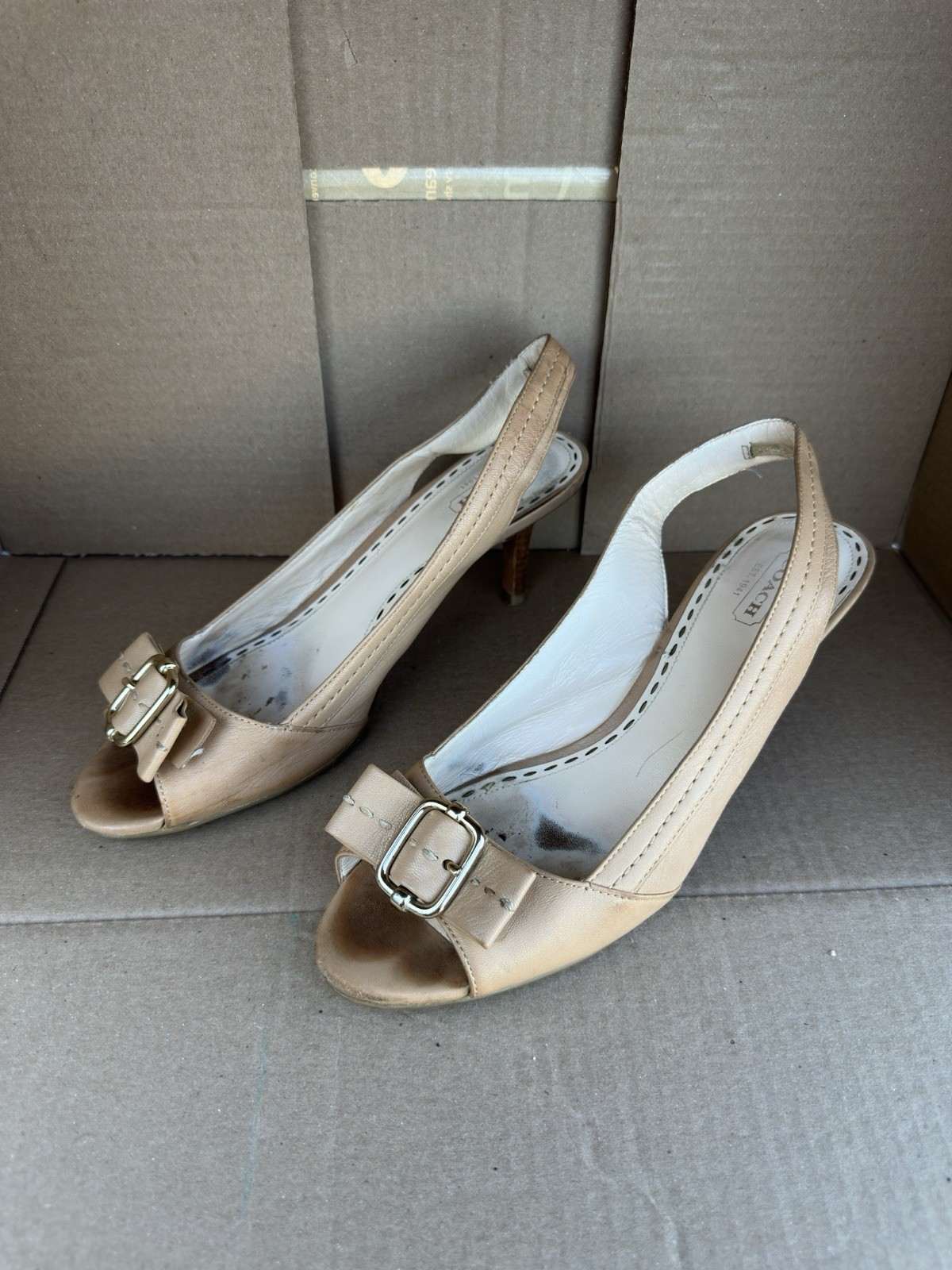 Coach Miranda nude leather peep toe sling back buckle heels shoes wmns sz 8.5