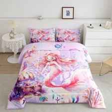 Mermaid Girls Twin Comforter Set,Watercolor Pink Mermaid Bedding Set for Kids...