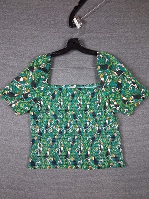 Anthropologie Womens Shirt XL Green Tropical Tucan Bird Smocked Peasant Cottage