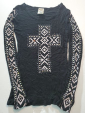 Womens Sm L/S black shirt rhinestones Goth whimsigoth celestial biker grunge